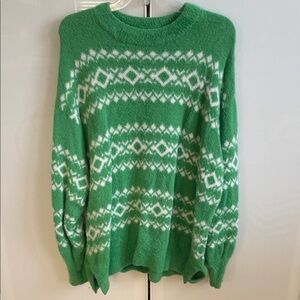 American Eagle Aerie Green and White Patterned Crew Neck oversized Sweater S
